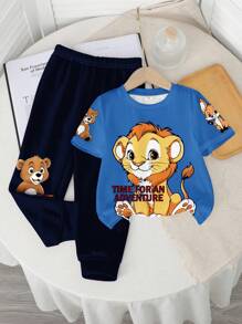 SHEIN Baby Boys' Casual Cartoon Lion Print Round Neck Short Sleeve Top And Pants Set