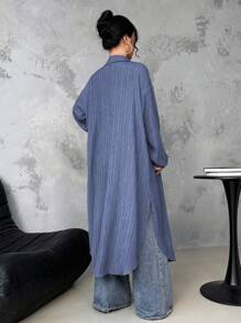 SHEIN LUNE Long Textured Casual Office Shirt Fall Cloth For Women - Dusty Blue - View 2