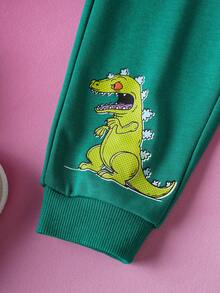 Nick 90s | SHEIN Baby Boy Cartoon Dinosaur & Letter Graphic Crew Neck Long Sleeve Knit Sweatshirt & Pants 2 Pieces Set - Green - View 6