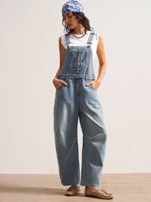 Bohemela 女式休闲宽松口袋设计阔腿牛仔连体裤 - 藍色 - 查看 1