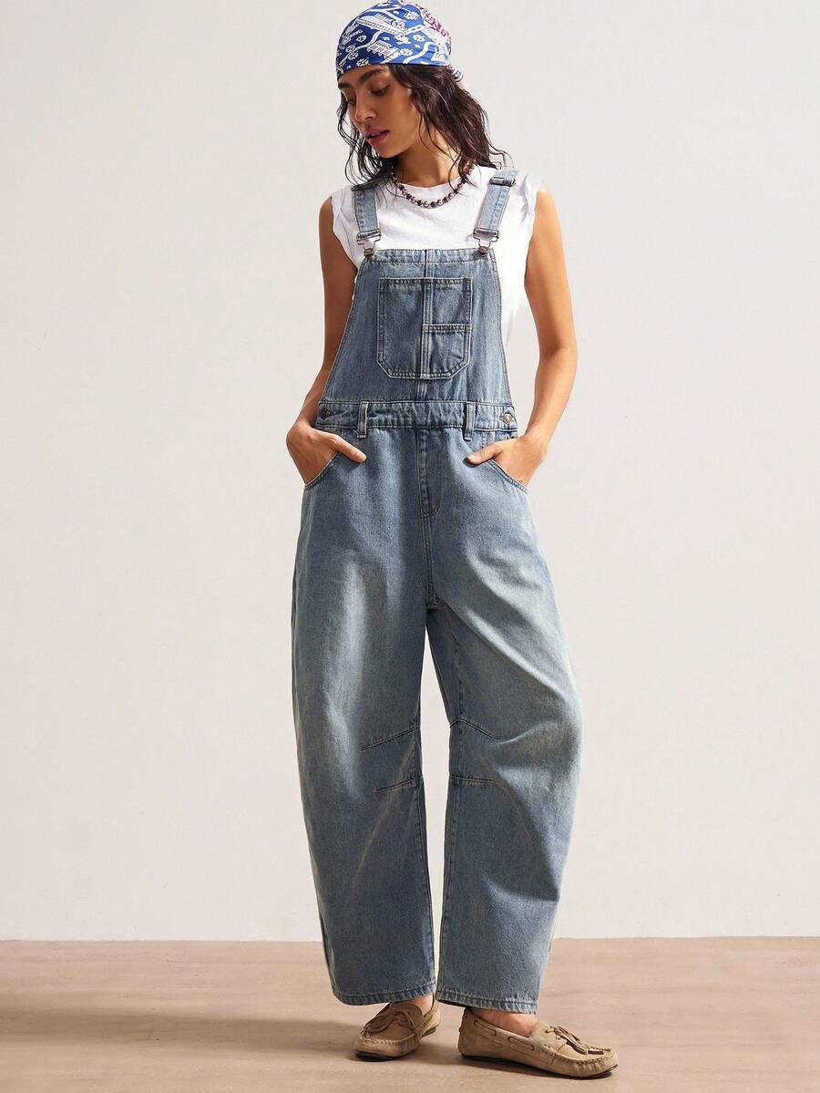 Bohemela 女式休闲宽松口袋设计阔腿牛仔连体裤 - 藍色 - 查看 1