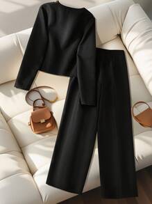 GlowEve 女士编织的优雅时尚秋季度假风两件套 - 黑色 - 查看 2