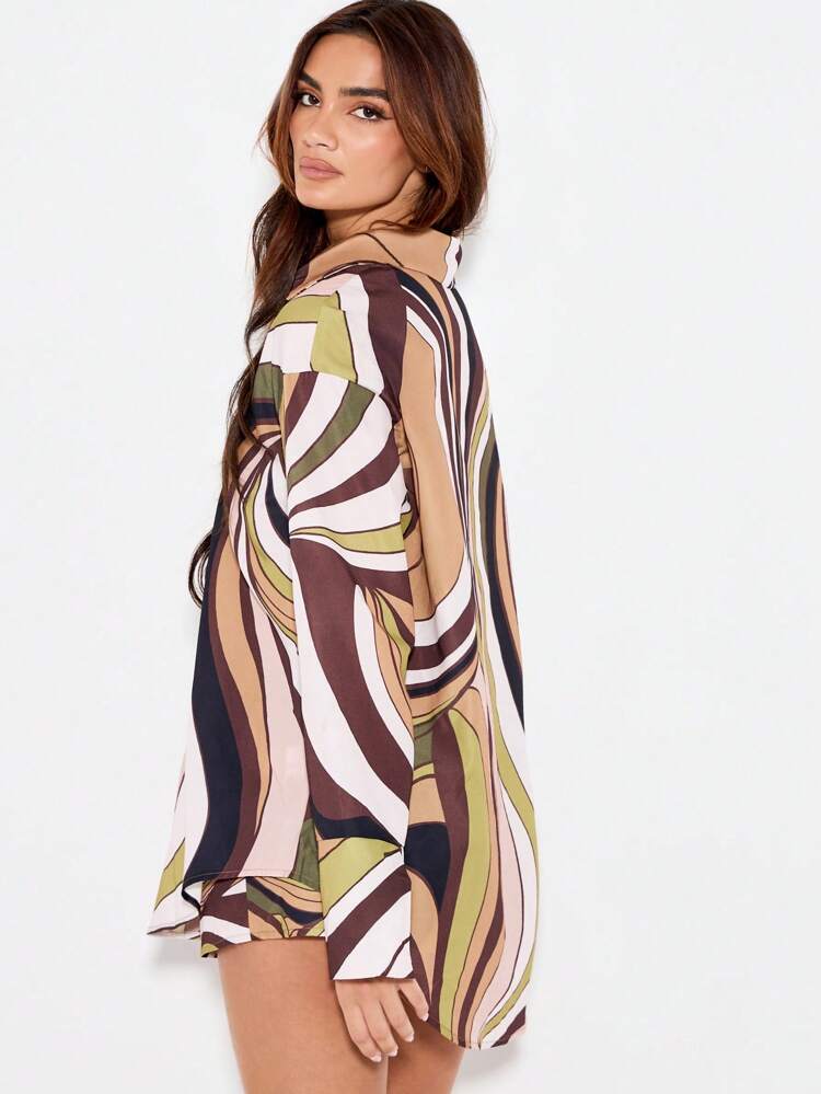 KIZN Oversized Button Down Shirt With Curved Print Pattern