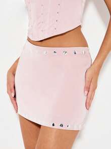 KIZN Mini Skirt With Studded Details Evening Party Clubwear Y2K Fashion Shiny Metallic Satin Slim Fit Statement Bottom Wear Festival - Pink - View 1
