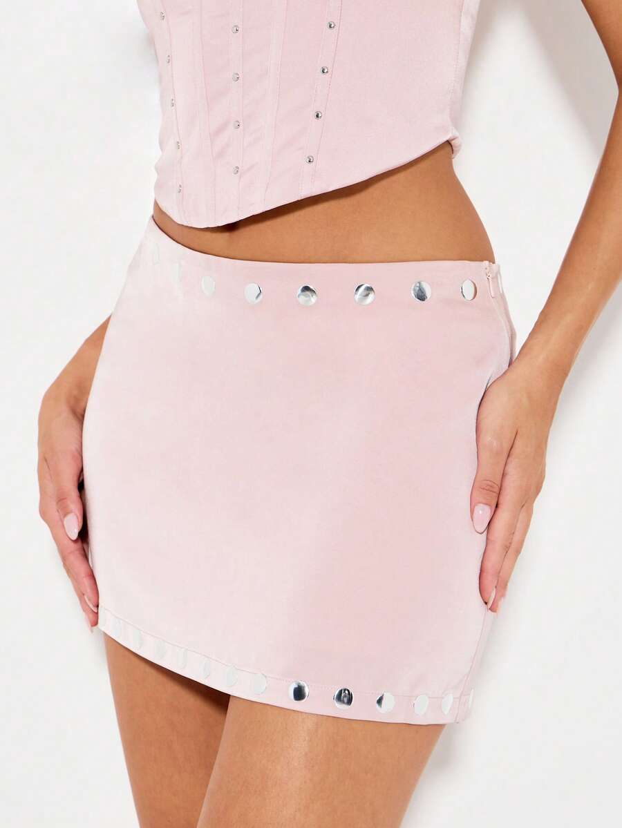 KIZN Mini Skirt With Studded Details Evening Party Clubwear Y2K Fashion Shiny Metallic Satin Slim Fit Statement Bottom Wear Festival - Pink - View 1