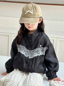 Dazy Kids 年轻女孩落肩长袖蕾丝拼布休闲单排扣时尚夹克 - 黑色 - 查看 1