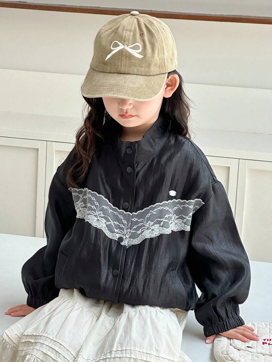 Dazy Kids 年轻女孩落肩长袖蕾丝拼布休闲单排扣时尚夹克 - 黑色 - 查看 1