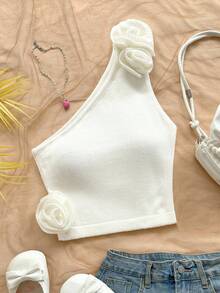 Soleia 春夏波西米亚风单肩手工 3D 花朵修身女式毛衣，适合度假、音乐节、节日约会、下午茶奶油背心玫瑰上衣可爱短款上衣奶油上衣单肩上衣 - 白色 - 查看 1