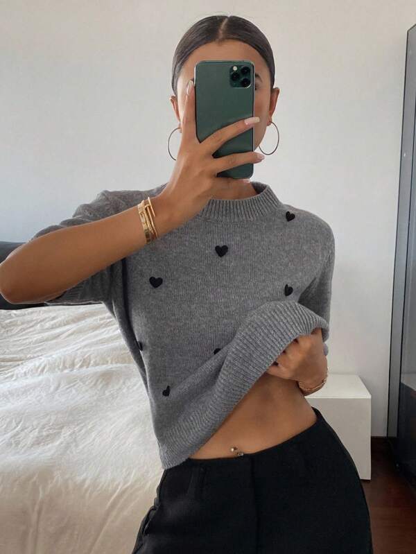 DAZY Blusa de malha casual com estampa de coração, manga curta, gola redonda, para mulheres, primavera/outono