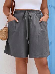 SHEIN LUNE Plus Size Women's Solid Color Drawstring Waist Pocket Loose Casual Shorts Grey Shorts Women Women Fall Shorts Wide Leg Shorts Elastic Waist Shorts Casual Shorts For Women,Fall Clothes For Women