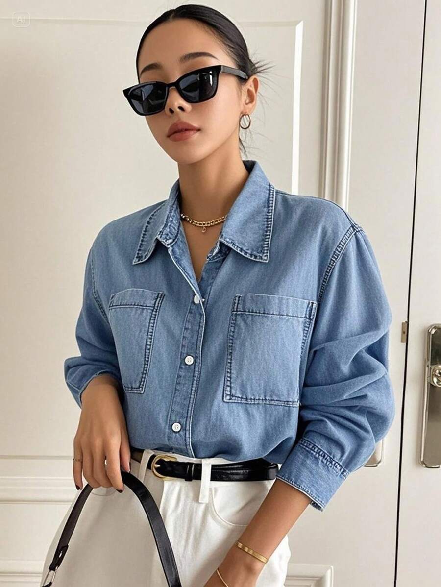 DAZY 女士翻领长袖宽松休闲牛仔衬衫、牛仔夹克、秋季女装 - 中等水洗藍 - 查看 1