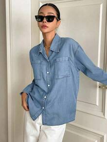 DAZY 女士翻领长袖宽松休闲牛仔衬衫、牛仔夹克、秋季女装 - 中等水洗藍 - 查看 3