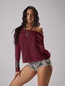 MUSERA Asymmetrical Neck Backless Long Sleeve Jersey Oversized Top Holiday Vacation Ibiza Festival Rave Cool Girl Party Elegant Spring Summer - Burgundy - View 3