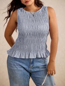 Elaquor Camiseta sin mangas con volantes y rayas para mujer de talla grande - Azul Marino - Ver 5