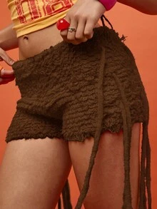 SUMWON WOMEN Quần short booty móc tua rua trang trí lễ hội bãi biển mùa hè quần short ngắn cạp cao đan câu lạc bộ thời trang quần short - Màu nâu Sô-cô-la - Xem 4