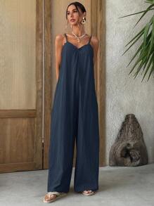 SHEIN VCAY 女士度假休闲纯色荷叶边宽松连体裤 - 藏蓝色 - 查看 3