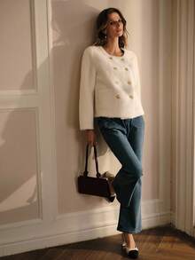 MOTF PREMIUM 双排扣长袖仿皮草大衣 - 米色 - 查看 7