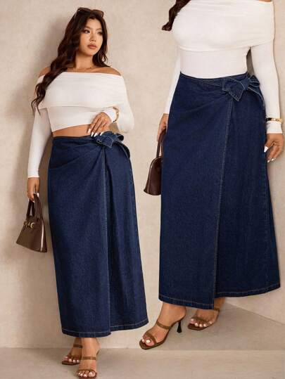 Elaquor Women's Plus Size Dark Blue Denim Skirt, Wrap-Around Butterfly Tie Skirt, French Elegant Wear Autumn Temperament Old Money Style Office