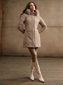 Anewsta Women's Waist Drawstring Hooded Jacket, Mid-Length - Khaki - View 3