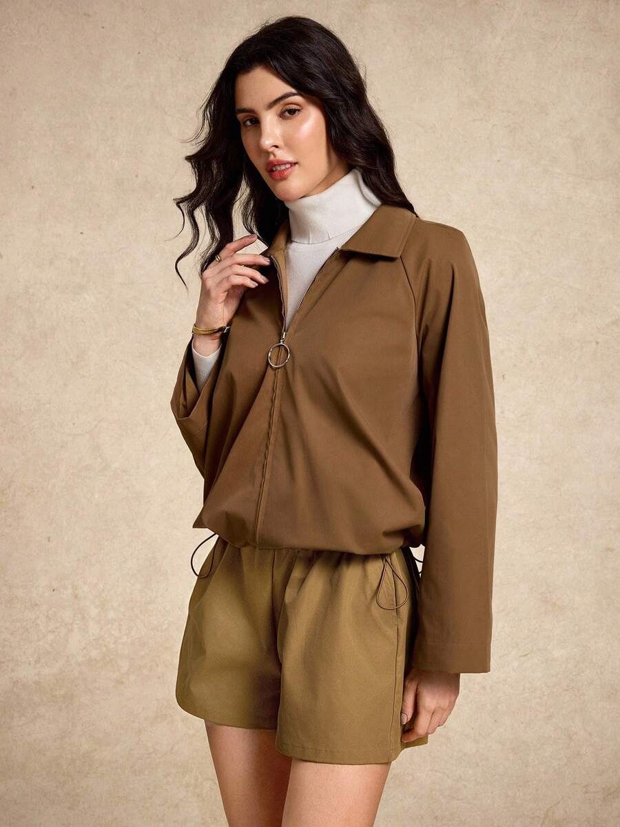 House of One Elasticated Waist Woven Windbreak Slant Pockets Women Shorts Old Money Office Casual Fall Women Clothes Fall Outfits Business Professional Women Business Casual Woman