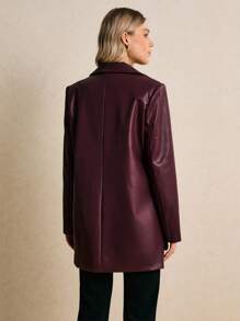 Poéselle Women's Burgundy Faux-Leather Blazer Jacket,Oversized Vegan Leather Button-Front Coat,Chic Autumn Night Out,Quiet Luxury Lapel Neck Long Sleeve Jacket - Burgundy - View 6