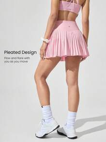 GLOWMODE Let's Play Sweat-Wicking Stretchy Mid-Rise Crossover Waist Pleated Tennis Skirt With Built-In Shorts Side Pockets Tennis Golf Daily - Bubblegum Pink - View 4