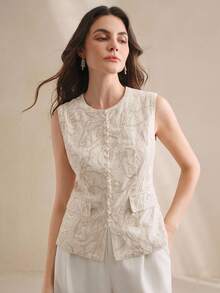 Anewsta Elegante e Fashionable Colete Slim Fit de Luxo com Bordado de Lantejoulas, Cor Damasco, Adequado para Primavera e Outono