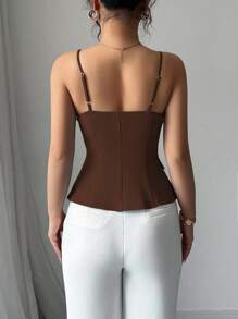 Elenzga 2025新款蓝色不对称设计时尚百搭通勤休闲束腰吊带背心 - 棕色 - 查看 2