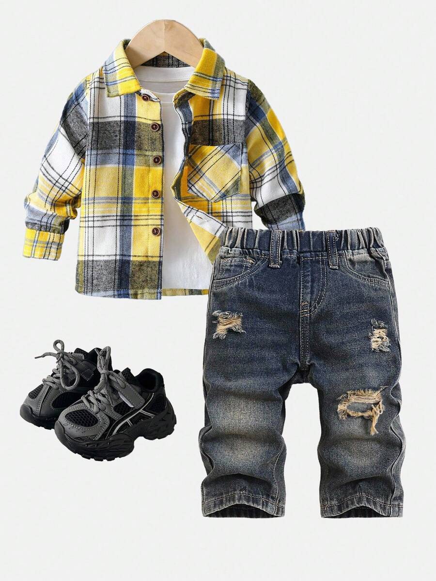 SHEIN Baby/Toddler Boys' Fall And Winter Vintage Distressed Street Style Casual Dark Blue Denim Ripped Frayed Loose Fit Straight Leg Baggy Jeans,Without Top,For Boys Back To School And Streetwear Outfits,Toddler Jeans