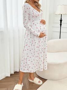 SHEIN Maternity Casual Ditsy Floral Front Button Dress,Pajama,Pajama Dress,Loungewear,Sleepwear - White - View 5