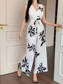 DAZY 女士优雅碎花V领无袖连体裤，夏季度假 - 米色 - 查看 3