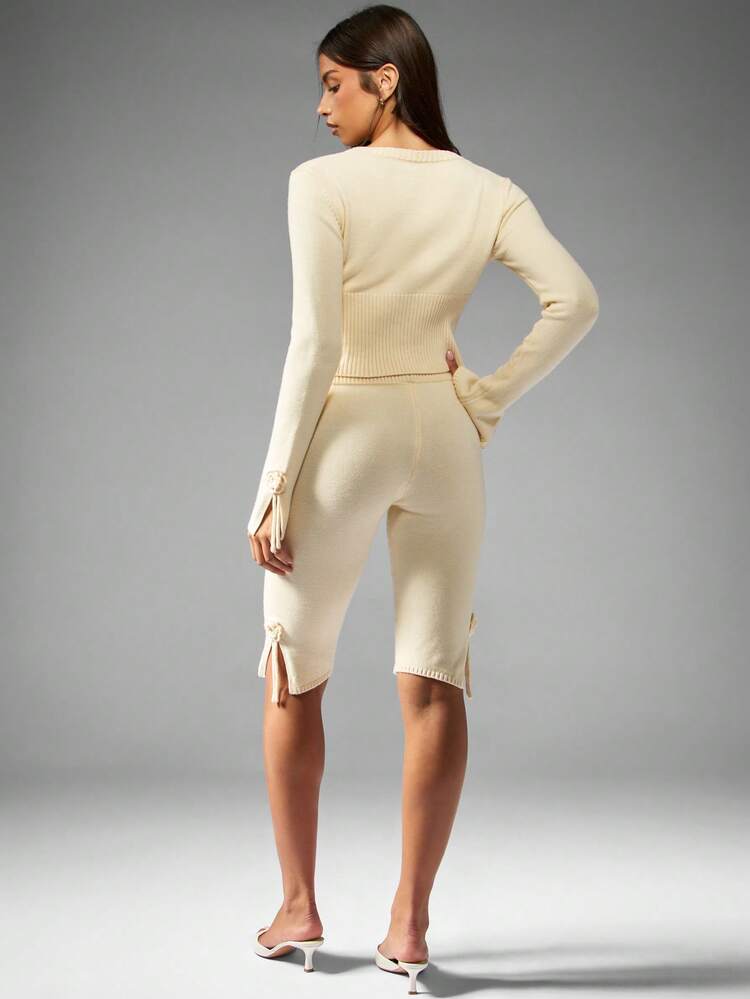 MISSGUIDED Cropped Knitted Cardigan Co-Ord Set With Cycling Shorts Elegant Button Front Ribbed Trim Drawstring Detail Fall Winter Two Piece Outfit