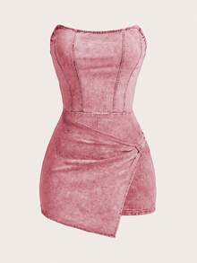 SHEIN EZwear Bộ đồ liền thân denim viền bất đối xứng cỡ lớn dành cho nữ - Hồng - Xem 1