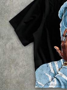 Manfinity Roghcode 男士宽松街头人物印花短款 T 恤 - 黑色 - 查看 4