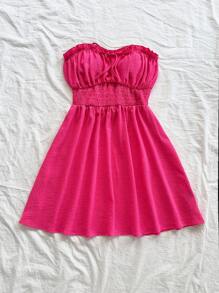Soleia Solid Frill Trim Tie Front Tube Dress - Hot Pink - View 4