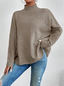 SHEIN Cottnline 女式立領蝙蝠袖毛衣 - 杏色 - 查看 5