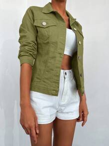 EURMUSE Flap Detail Button Front Denim Jacket - Olive Green - View 3