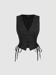 SHEIN MOD V-Neck Sleeveless Side Tie Waist Straight Pants Black Striped Suit Set,Early Autumn Outfit Back To School Preppy Tops 2pcs Set Khaki Pants Old Money Style,Business Casual Women,Office Wear Women Set.Striped Black Set,Professional Clothes - Black - View 7