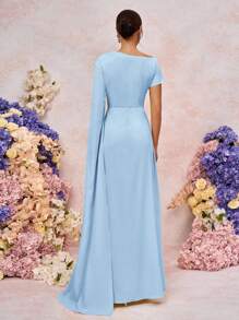 SHEIN Belle Váy dài tay bèo nhún tay lệch thanh lịch, thích hợp cho đám cưới, sự kiện trang trọng, hẹn hò, phù dâu - Màu xanh lam - Xem 3