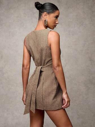 SHEIN x Lina SHEIN BAE Vestido casual corto de lana a cuadros cómodo para mujer con cuello redondo, sin mangas y con botones delanteros, adecuado para la oficina, formal y uso diario en otoño e invierno