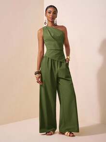 Conjunto de Pantalones Rectos Color Caqui con Hombro Asimétrico y Cintura Plisada para el Verano 2025, Ideal para Festivales de Música - Verde militar - Ver 8