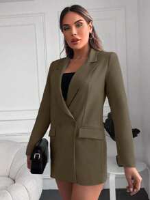RueChic Turn-down Collar Double-breasted Blazer Jacket - Olive Green - View 3