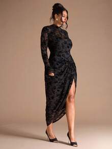 SHEIN BAE Plus Size Women's Early Autumn Flocked Flared Sleeve Stand Collar Split Pleated Dress/Wedding Guest Dress Women,Wedding Guest Dress,Fall Wedding Guest Dress,Plus Size Woman Dresses,Dresses Classy Elegant/Long Sleeve Dress ,Curvy Elegant Dresses For Party,Valentine's Day,Valentine Outfits For Women