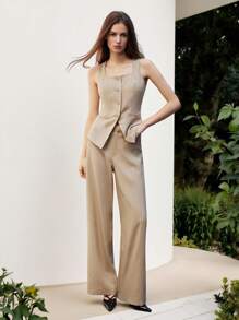 Maija 女士休闲通勤条纹低腰直筒裤 - 卡其色 - 查看 7