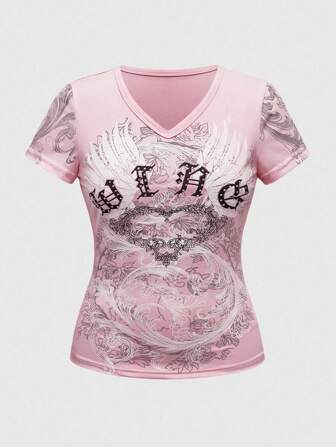 Fairycore Damen Vintage Flügel Muster V-Ausschnitt Lässig T-Shirt