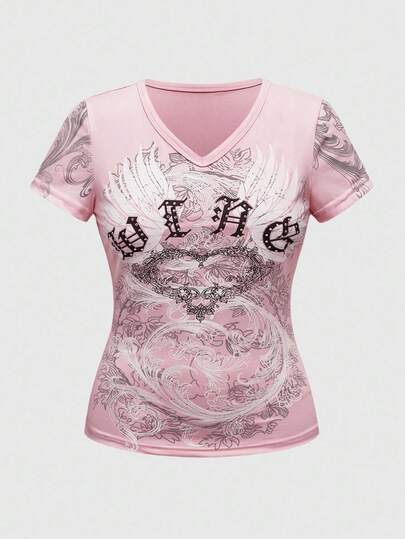 Fairycore Camiseta casual de mujer con cuello en V y estampado de alas vintage