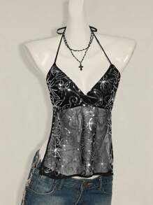 SHEIN ICON Women's Y2K Sexy Sequin Mesh Backless Halter Neck Top Sequin Tank Top Clubbing Tops - Black - View 5