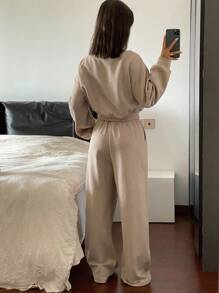 DAZY Women's Casual Off Shoulder Loose Sweatshirt And Wide-Leg Pants 2 Pieces Set, Autumn Lounge Sets For Women - Khaki - View 2