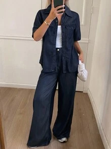 DAZY Women's Casual Loose Denim Shirt And Wide Leg Jeans Set - Dark Wash - View 3