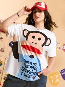 Paul Frank X SHEIN maglietta a maniche corte con scollo rotondo e stampa di scimmia, taglie comode - Bianco - Visualizzare 1